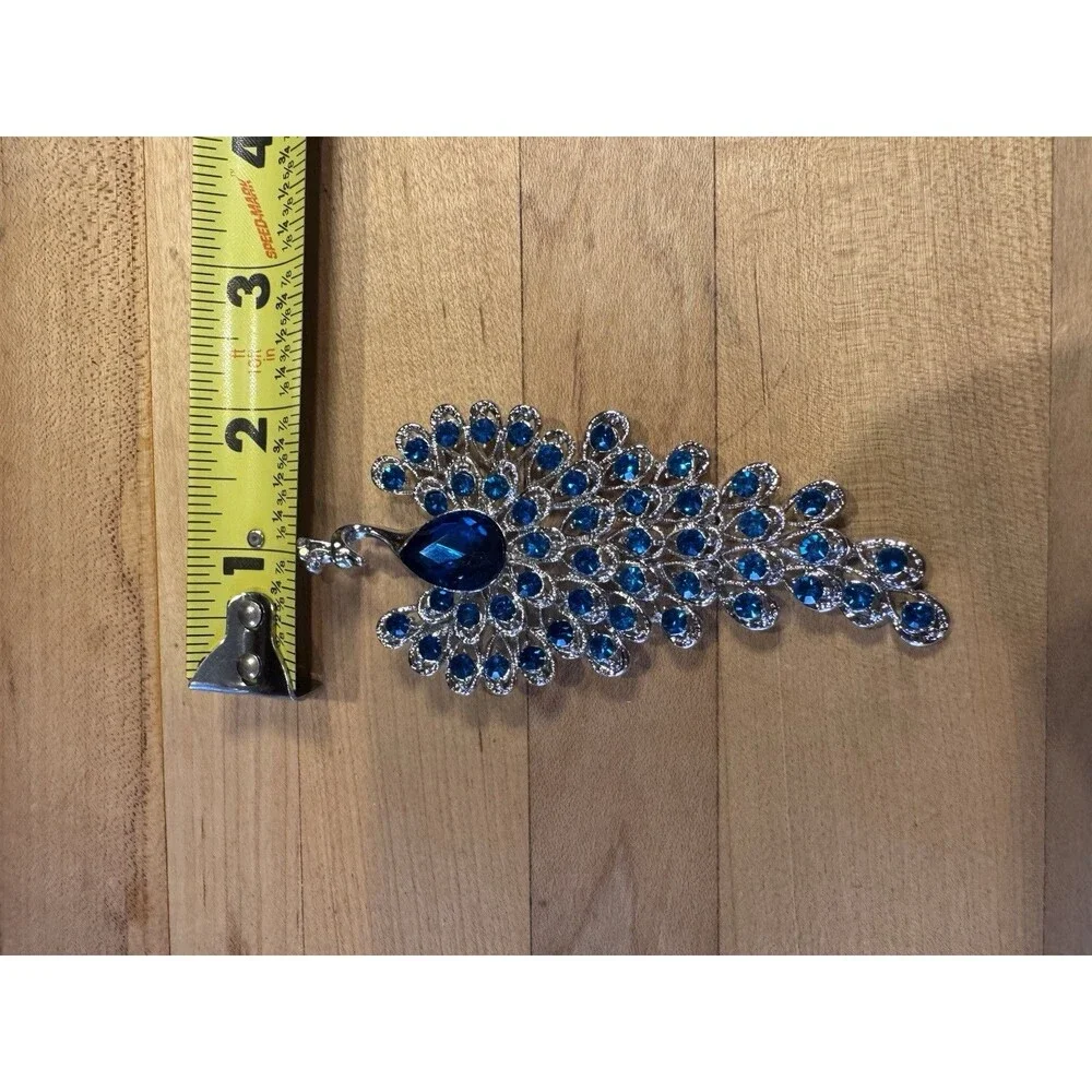 Large Silver Tone Peacock Brooch Blue Rhinestone Fanned Tail Statement Pin